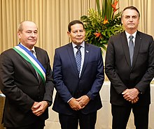 The Minister of Defense Fernando Azevedo e Silva, the vice-president Hamilton Mourao and the President Bolsonaro, June, 2019 Fernando Azevedo e Silva, Hamilton Mourao e Jair Bolsonaro (cropped).jpg