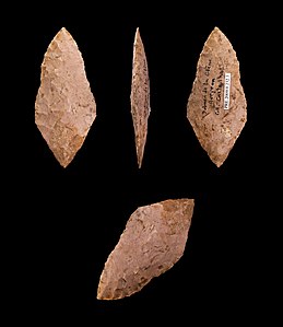 Pointe de flèche en losange, en chaille. Néolithique final (Culture des Treilles, 3300 à 2400 av. J.-C.), dolmen de la Glène (Saint-Léons, Aveyron). Coll. Émile Cartailhac, Muséum de Toulouse