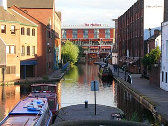 The start of the Worcester and Birmingham Canal at Gas Street Basin, looking towards The Mailbox, viewed from the Worcester bar bridge, facing south-east Gas Street Basin towards Mailbox.jpg
