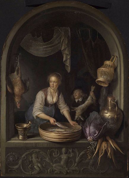 File:Gerard Dou - Girl in a window with fish, eggs and vegetables with boy holding a hare.jpg