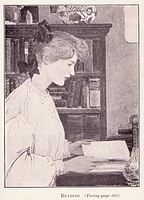 A girl reading from the public domain image book, "What Shall We Do?" "Five Hundred Games and Pastimes" by Dorothy Canfield published in 1907 by Frederick A Stokes Company of New York.