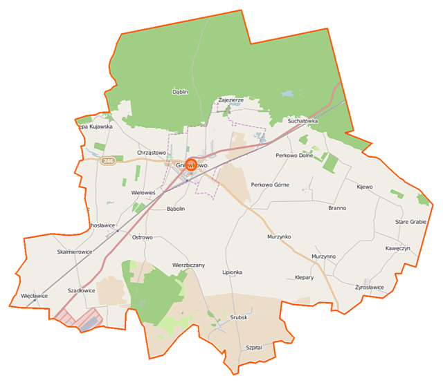 Mapa konturowa gminy Gniewkowo, w centrum znajduje się punkt z opisem „Gniewkowo”