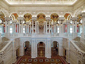 The Great Hall, View of first and second floors, with Minerva mosaic in background Great Hall, Library of Congress Thomas Jefferson Building, Washington, D.C. View of first and second floors, with Minerva mosaic in background. (LOC).jpg