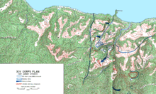 Map of the Matanikau River area showing Japanese (red) and American (blue) positions and the American plan of attack along the coast and into the inland hills GuadMatanikauJanPlan.gif