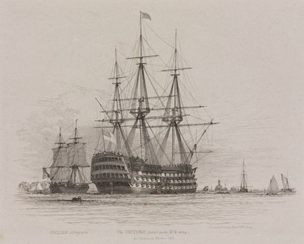 HMS Victory in Portsmouth Harbour with a coal ship alongside, 1828. Etching by Edward William Cooke based on his own drawing.