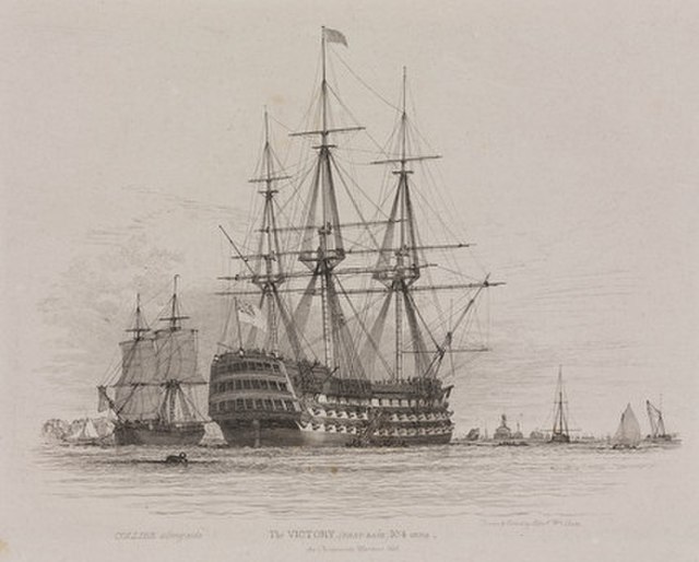 HMS Victory in Portsmouth Harbour with a coal ship alongside, 1828. Etching by Edward William Cooke based on his own drawing.