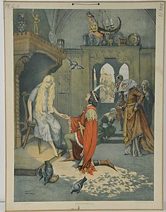 Vinden dat de pantoffel past, educatieve poster van Hans Printz, 1905