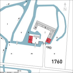 Lageplan 1760: rekonstruiert nach Vogelschauansicht gezeichnet 1760 von Mthias Ehmans a. das herrschaftliche Haus b. die dazu gehörige Stallung c. der Vorhof mit offenem Ziehbrunnen und der freien Zugbrücke d. Kapelle e. die 1760 „für den Halfmann wiederum kostbar aufs neue erbaute Behausung“ f. Stallung g. Scheune h. Schaf- und Geschirrstall j. Misthof k. Weiher l. Sperrvorrichtung für das aus dem Traarbach in die Weiher strömende Wasser m. herrschaftlicher Garten n. Baumgarten o. Garten des Halfmanns p. Baumgarten des Halfmanns r. „Horste, jetzt Plätze mit schönen Bäumen“