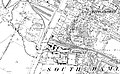 High Orchard on an 1880s Ordnance Survey map showing timber yards on the east bank of the canal[10]