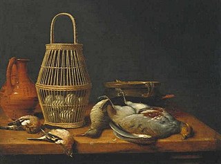 Basket of eggs among dead birds and kitchen utensils