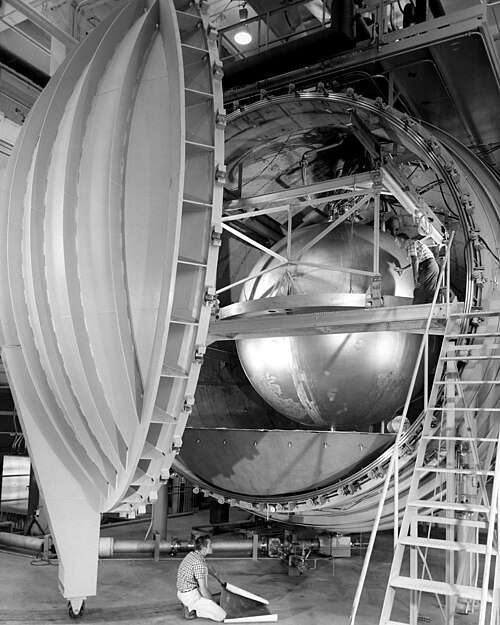 A large hydrogen tank in a vacuum chamber at the Glenn Research Center in Brook Park, Ohio, in 1967