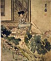 Une femme au jardin de lotus (Gisaeng tenant un saenghwang et une pipe). Encre, couleur légère s. soie, H. 29,6 cm. Shin Yun-bok (v.1758-ap.1813). Scène de genre: femmes. 3 feuilles d'un album de 7. Musée national de Corée[36].