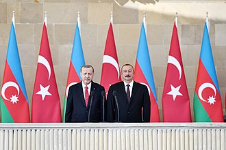 Presidents Ilham Aliyev and Recep Tayyip Erdogan. Ilham Aliyev and Recep Tayyip Erdogan attended the parade dedicated to 100th anniversary of liberation of Baku 01.jpg