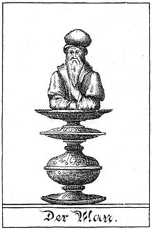 A 1616 illustration of the Mann, a chess piece unique to the Courier Chess variant; the Mann moves like a King, but threatening it does not give check, and it can be captured without loss of the game. Illustration of Chess Piece Man by Gustav Selenus (1616).jpg