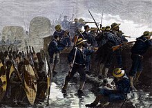 Sailors from HMS Shah defending one side of the British Square during the Battle of Gingindlovu, from a sketch by Lieutenant Smith-Dorrien, RN. Inside the laager at Ginghilovo during the Zulu attack.jpg