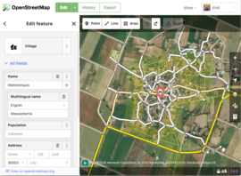 Adding labels in a new language to OpenStreetMap. Here, the user enters an English name for a Greek village.