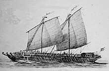 1890 illustration by Rafael Monleon of a late 18th-century Iranun lanong warship. The Malay word for "pirate", lanun, originates from an exonym of the Iranun people Iranun lanong warship by Rafael Monleon (1890).jpg