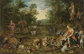 Waldlandschaft mit Nymphen und Jagdbeute und Rubens-Werkstatt