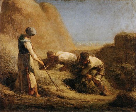 French peasants trussing hay near Barbizon, painted by Millet about 1850. The picture is called Les botteleurs de foin, indicating that their boots were used to compact the hay by kicking or treading. Jean-Francois Millet (II) - Trussing Hay - WGA15689.jpg