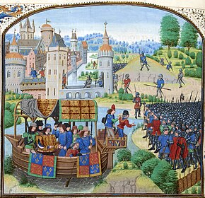 Enluminure médiévale représentant un navire portant les armoiries de l'Angleterre approchant de la rive d'une rivière où se trouvent de nombreux hommes en armes. Une ville est visible à l'arrière-plan dans un paysage vallonné et forestier