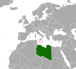 Peta yang menunjukkan lokasi dari Libya dan Malta