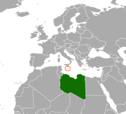 Mapa que indica las ubicaciones de Libia y Malta