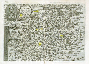 Lieux de séjour pendant la jeunesse de Jean Kepler. Weil der Stadt [1571-1576], Leonberg [1576-1579] [1581-1583] (au centre), Adelberg [1584-1586] (à l'est), Maulbronn [1586-1589] (au nord), Ellmendingen [1579-1581] (au nord ouest, disque jaune sur le bord du cartouche), Tübingen [1589-1594] (au sud).