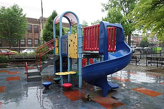 A playground in The Bronx, New York (2019). The American Academy of Pediatrics recommended that parents allow their children more time to play. Loreto Playground td (2019-05-28) 023.jpg