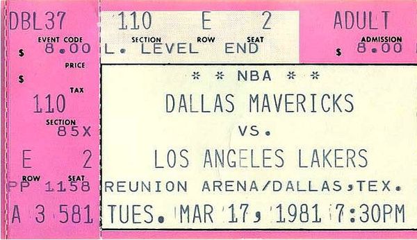 A ticket for a March 1981 game between the Los Angeles Lakers and the Dallas Mavericks.