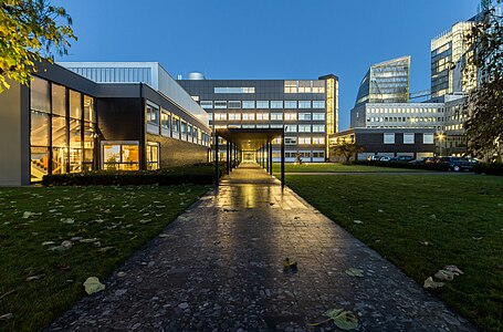 Office building of the Westdeutsche Lotterie, Münster, North Rhine-Westphalia, (blue hour)