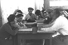 Members of Kvutzat Rodges studying the Gemara (June 1, 1935) MEMBERS OF "KVUTZAT RODGES" STUDYING THE "GEMARA". mtyySHbym lvmdym gmrA bqbvTSt rvdgs.D29-022.jpg