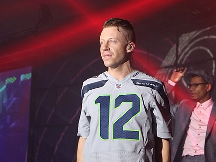 Macklemore at the official Seattle Seahawks post-game party in Jersey City after Super Bowl XLVIII (February 2014)
