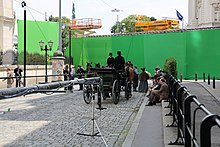 A period drama set in Vienna uses a green screen as a backdrop, to allow a background to be added during post-production. Madame Nobel - film set at the Embassy of France in Vienna May 2014 08.jpg