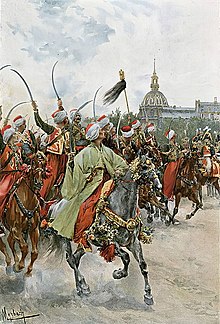 Peinture représentant des cavaliers arabes brandissant leur sabre, coiffés de turbans blancs et vêtus d'un manteau gris pour le soldat au premier plan et d'habits orientaux colorés pour les autres.