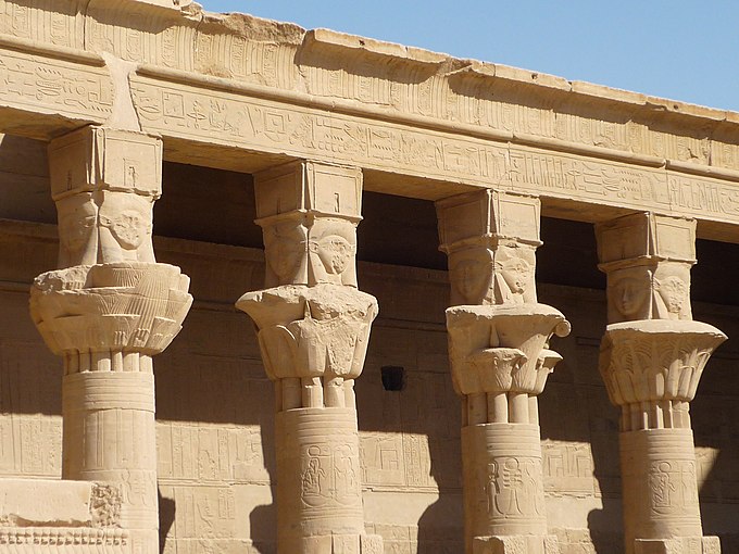 Columns with Hathoric capitals, at the Temple of Isis from island Philae