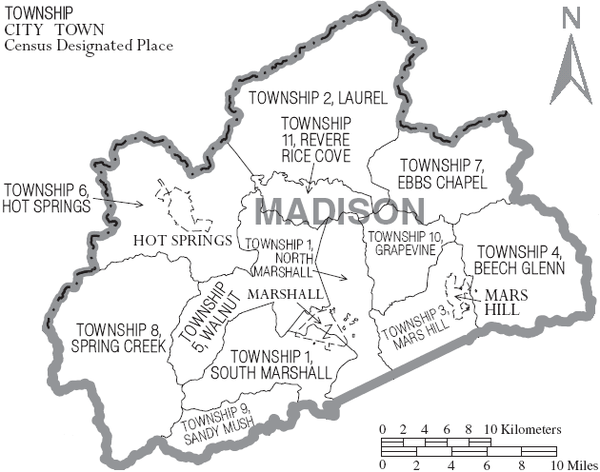 Map of Madison County, North Carolina With Municipal and Township Labels