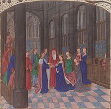 Illuminated miniature depicting the marriage of Edward IV and Elizabeth Woodville, Anciennes Chroniques d'Angleterre by Jean de Wavrin, 15th century Marriage Edward IV Elizabeth Woodville miniature Wavrin Anciennes Chroniques d'Angleterre Francais 85 f109.jpeg