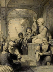 Ottoman miniature of a meddah performing at a coffeehouse