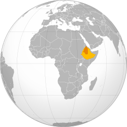 Lokasi Kekaisaran Etiopia pada masa pemerintahan Yohanes IV (jingga tua) dan Etiopia modern (jingga)