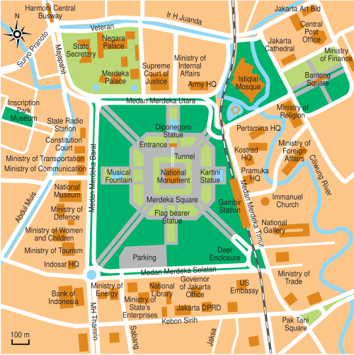 Map of Merdeka Square, Jakarta, and surrounding important buildings. Merdeka Square Jakarta Map en.svg