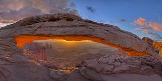 Mesa Arch natural arch in Canyonlands National Park in San Juan County, Utah, United States