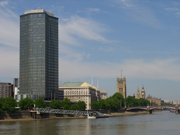 Millbank Tower from Vauxhall, with Thames House and the Palace of Westminster visible in the background.