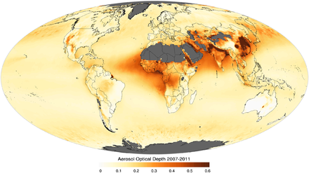 Global aerosol optical thickness. The aerosol scale (yellow to dark reddish-brown) indicates the relative amount of particles that absorb sunlight.