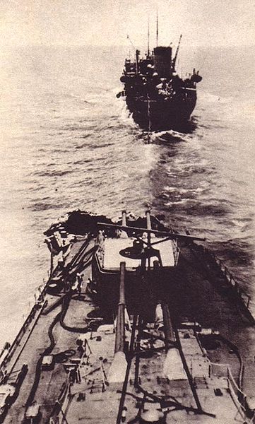 Bridge view of Mogami's damaged bow, following her collision with Mikuma at Midway. The tanker Nichiei Maru is seen ahead.