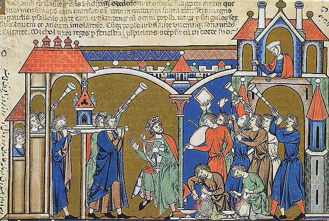 Illustration from the 13th-century Morgan Bible of David bringing the Ark into Jerusalem (2 Samuel 6)