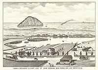 View of Morro Rock in 1883, from what is now The Cloisters subdivision in north Morro Bay. The shoreline is now Morro Strand State Beach.