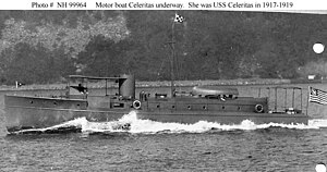 Celeritas in use as a private motorboat in 1916 or 1917, probably in the New York City area. Motorboat Celeritas port view.jpg