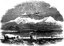 Illustration ancienne en noir et blanc avec des montagnes enneigées en médaillon dominant au-dessus des nuages une mer houleuse avec des icebergs.