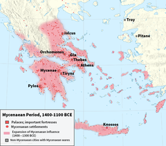 Image 29Map of Mycenaean Greece 1400-1200 BC: Palaces, main cities and other settlements (from Ancient Greece)