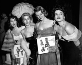 From left to right, Corday, Kathleen Hughes, Myrna Hansen, and Allison Hayes in So This Is Paris (1955) Myrna Hansen. So This Is Paris.png